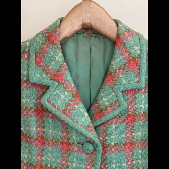 Vintage Chanel Style Custom-Made Handcrafted Wool Jacket, Pink and Blue Plaid - Picture 3 of 5